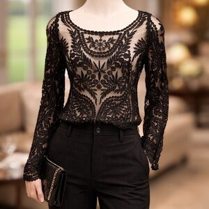Banana U.S.A. Black Sheer Lace Embroidered | Romantic Boho Luxe | Statement Top